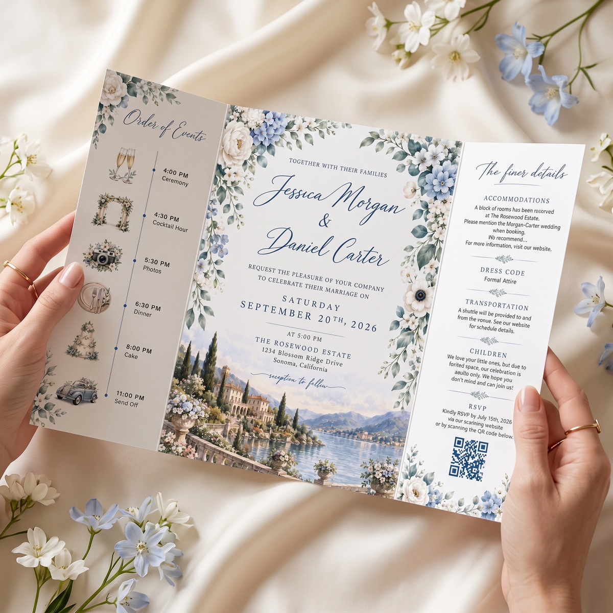 Personalized Blue Floral Wedding Invitation Suite, Luxury Destination Wedding Invitations, Custom Wedding Invitation Set