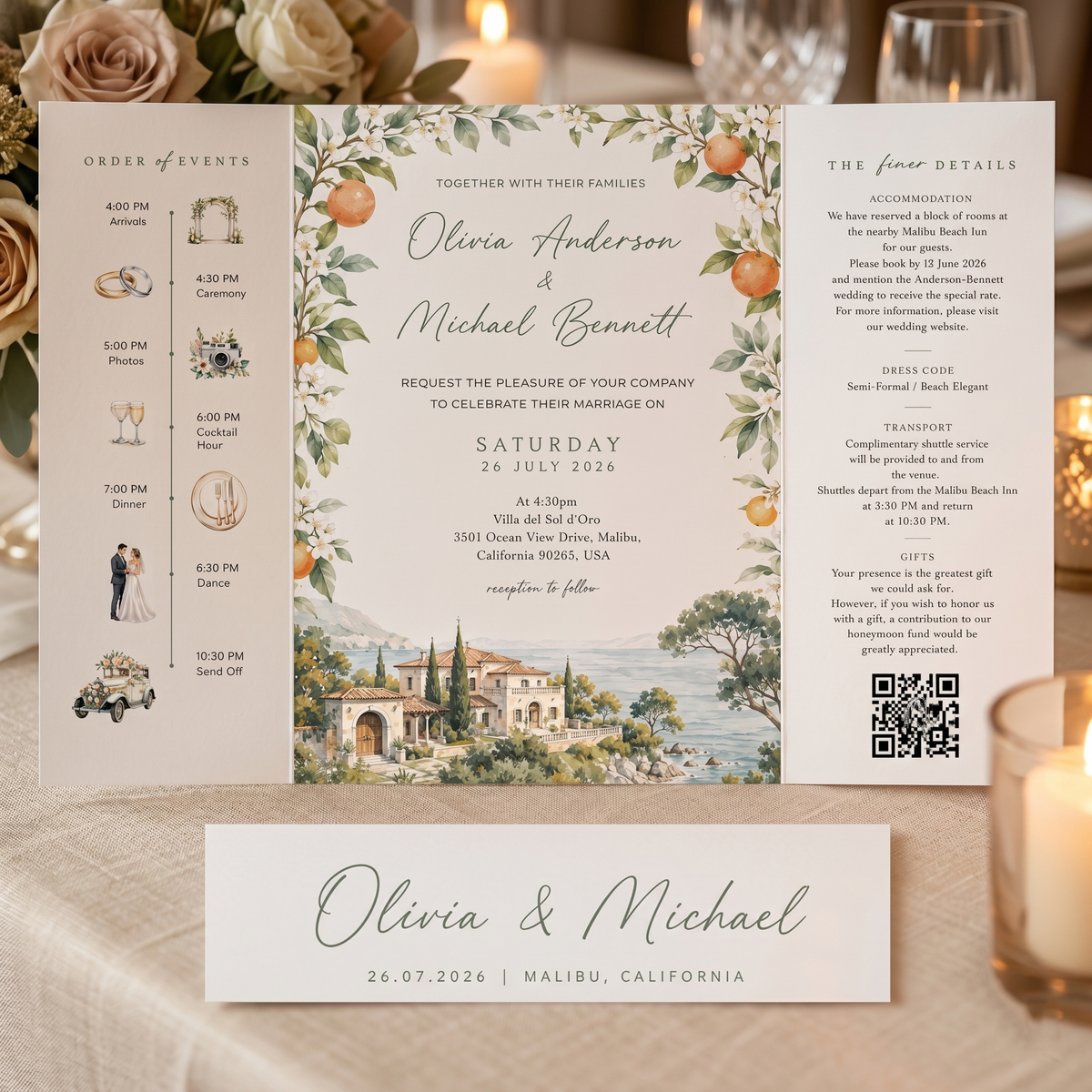 Elegant Personalized Wedding Invitation Suite | Luxury Wedding Stationery with Custom Watercolor Venue Illustration