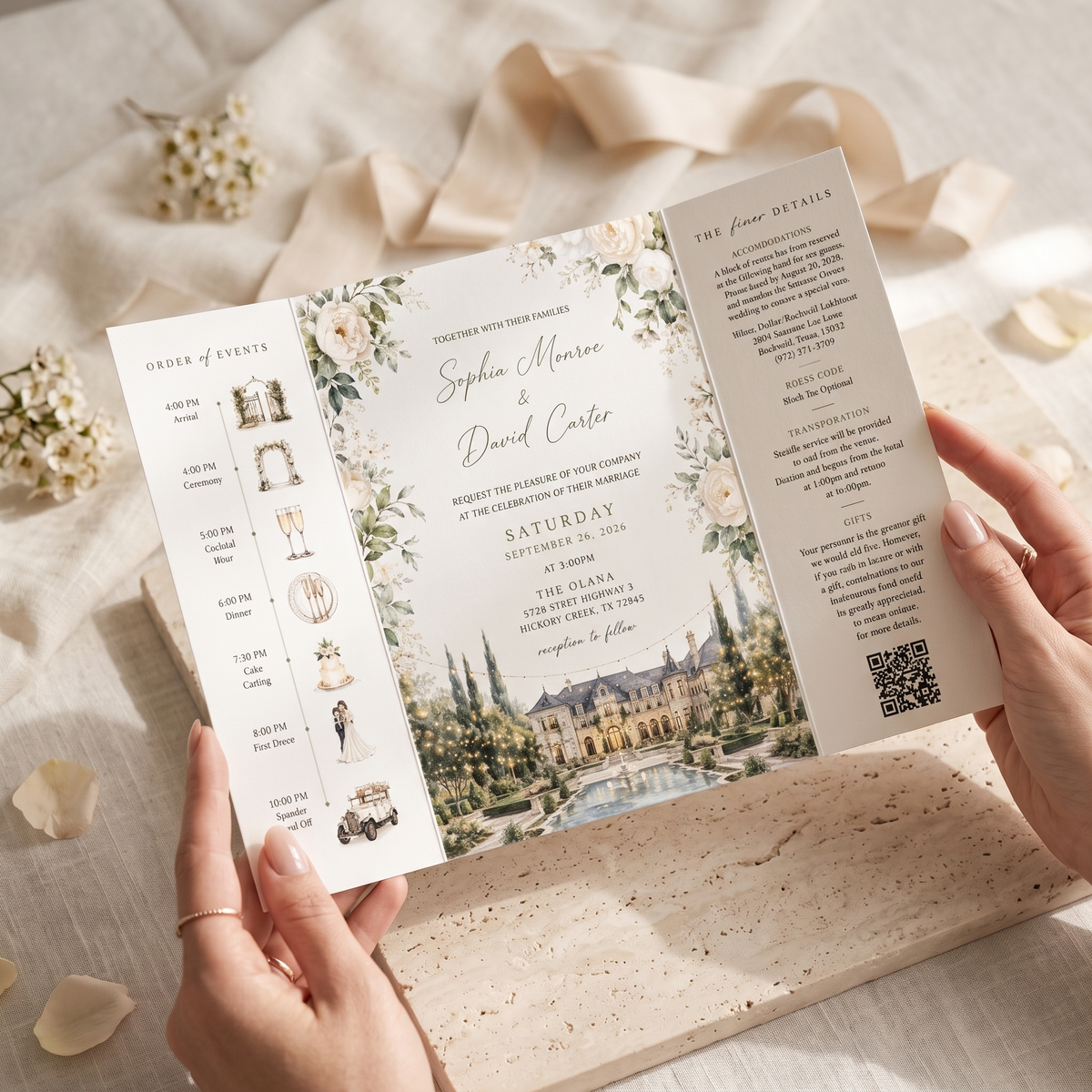 Custom Estate Wedding Invitations, Watercolor Venue Illustration, Elegant Floral Wedding Invitation Suite, Personalized Luxury Stationery