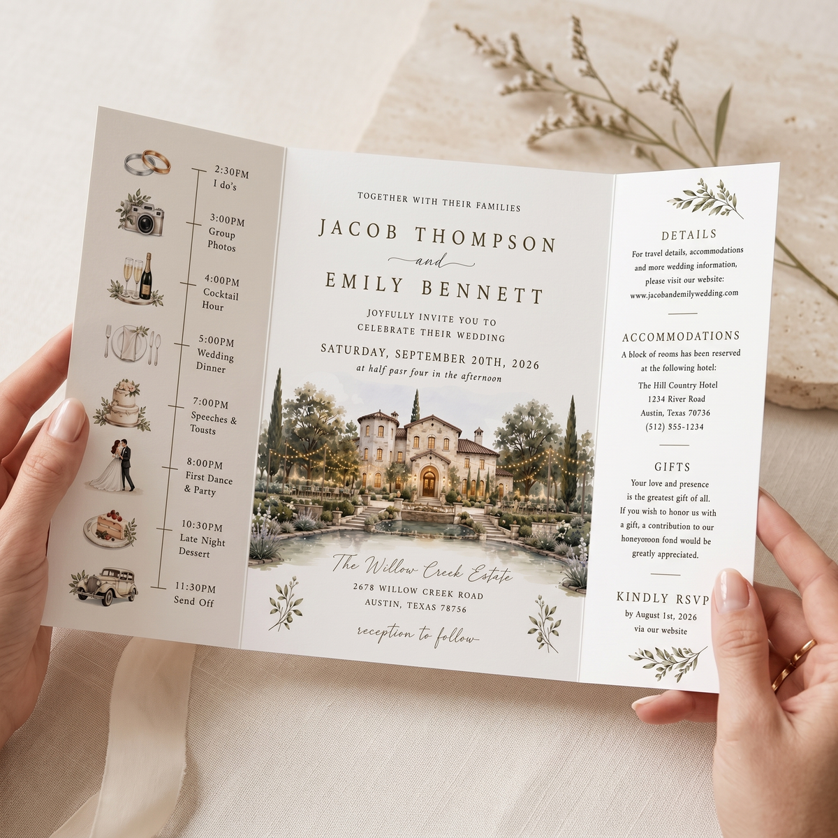 Personalized Mediterranean Wedding Invitations, Luxury Villa Wedding Invitation Suite, Watercolor Venue Illustration, Custom RSVP & Details Card