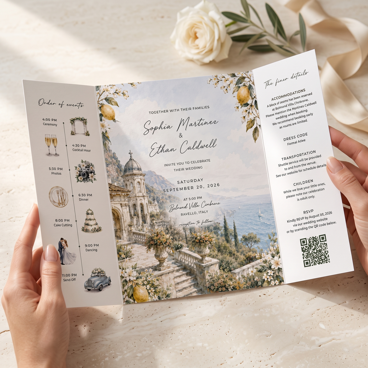 Amalfi Coast Lemon Wedding Invitation Suite, Italy Wedding Invitations, Personalized Destination Wedding Invite