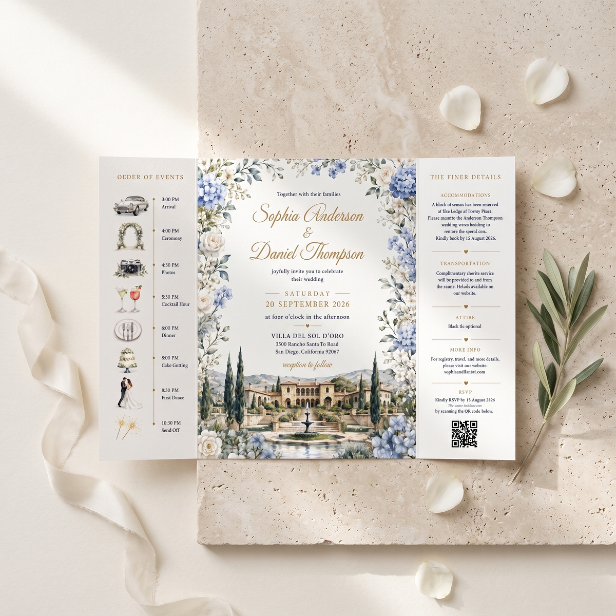 Personalized Villa Wedding Invitation Suite | Luxury Floral Wedding Invitations with Custom Venue Illustration & RSVP
