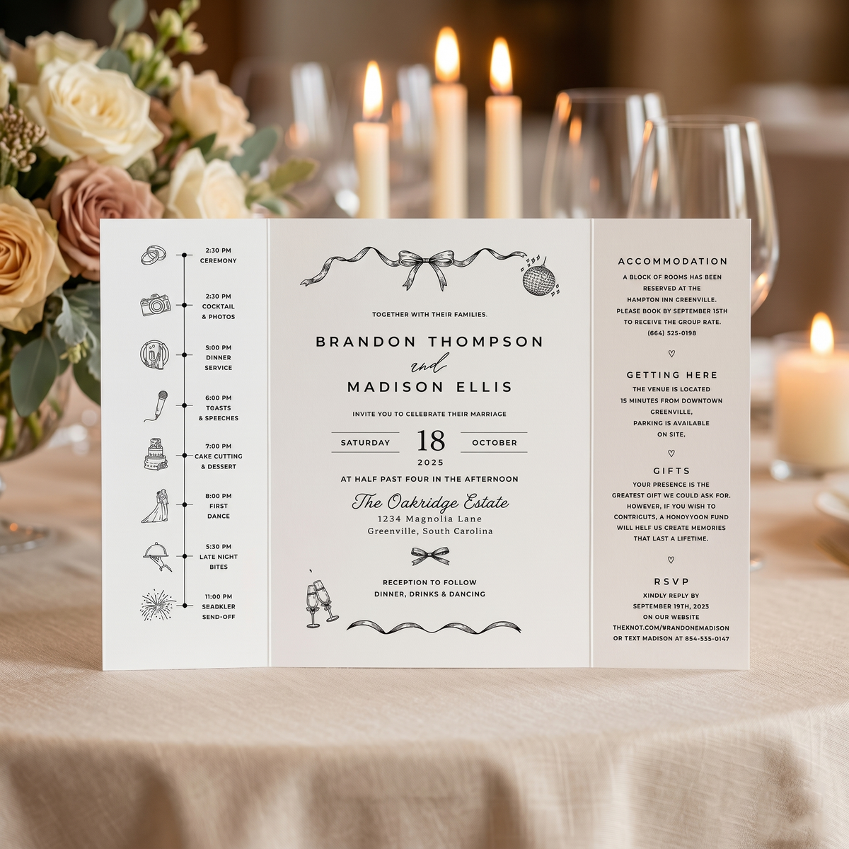 Personalized Monogram Wedding Invitation, Elegant Bow Wedding Invitation Suite, Black and White Custom Wedding Stationery