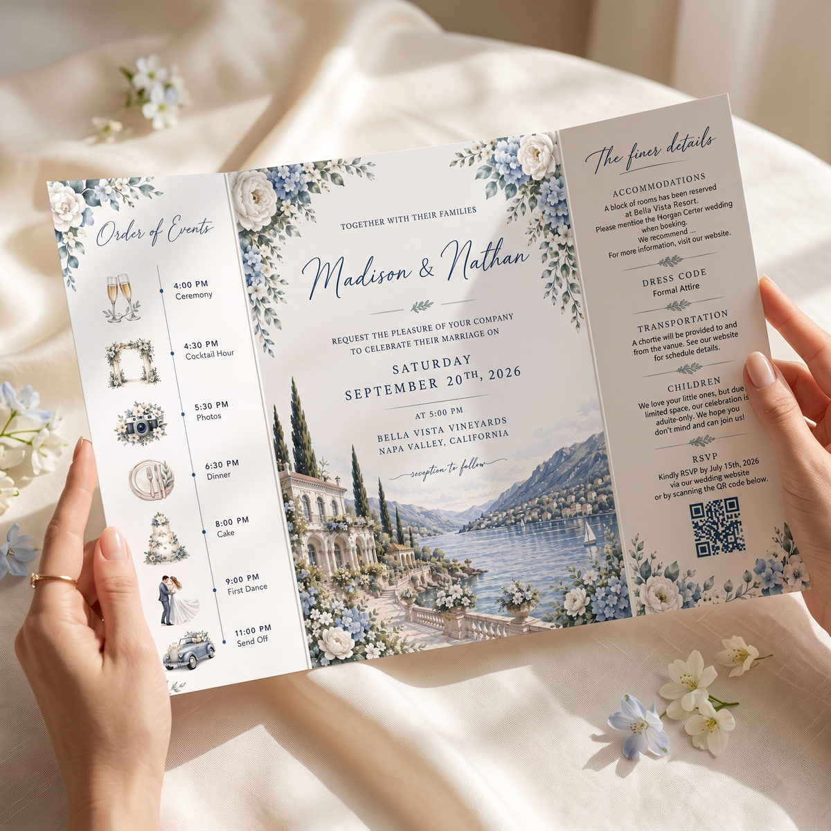 Luxury Blue Floral Wedding Invitation Suite, Personalized Destination Wedding Invitations, Custom Lake Wedding Stationery