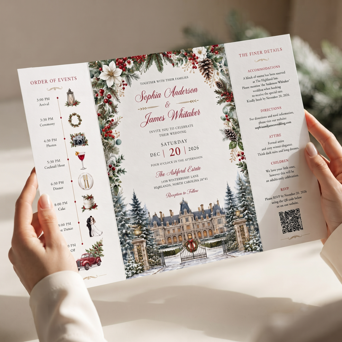 Christmas Wedding Invitation Suite, Winter Wedding Invitations, Snowy Chateau Wedding, Holiday Floral Wedding Invite, Personalized Wedding Stationery