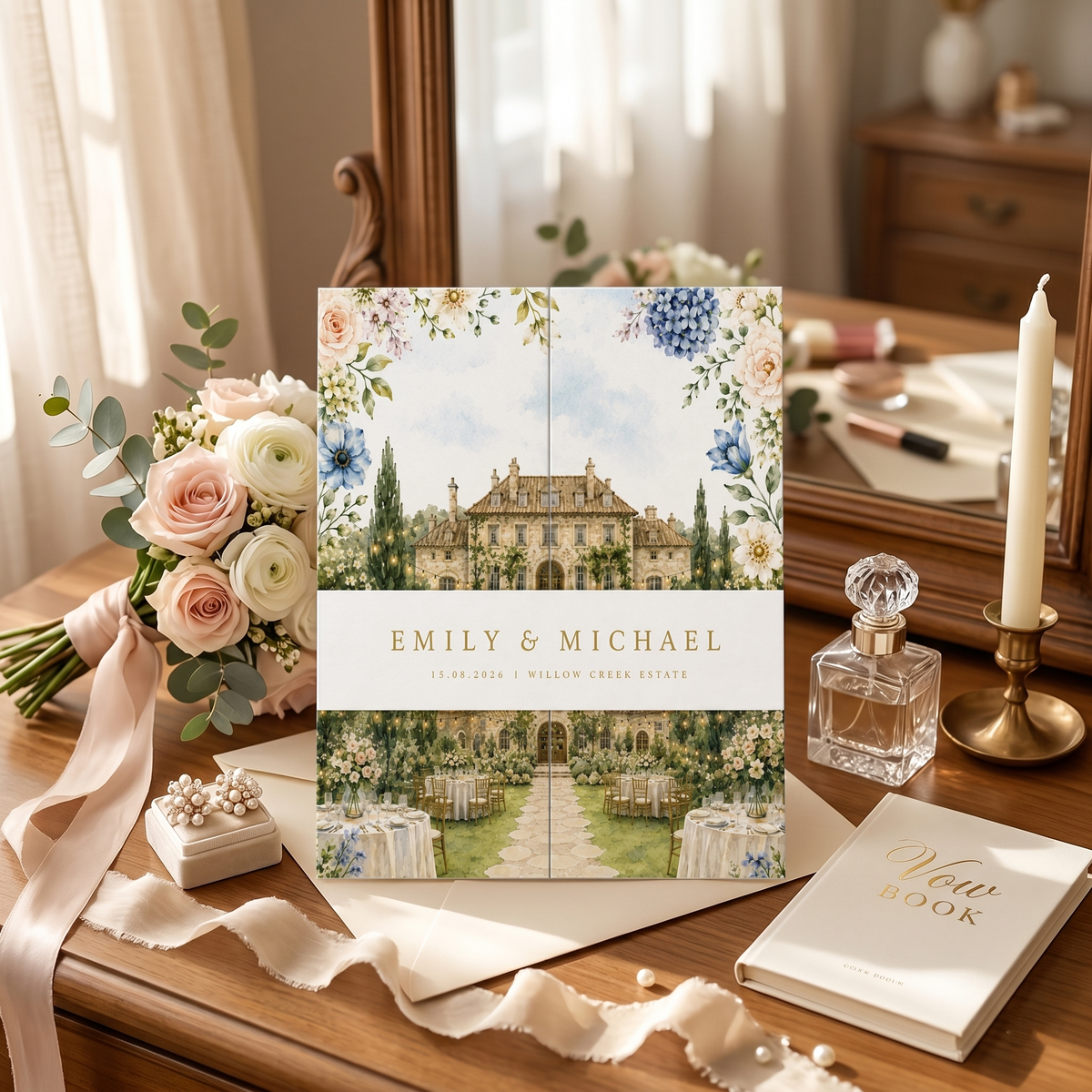 Personalized Wedding Invitation, Custom Watercolor Venue Illustration, Luxury Floral Wedding Invitation Suite
