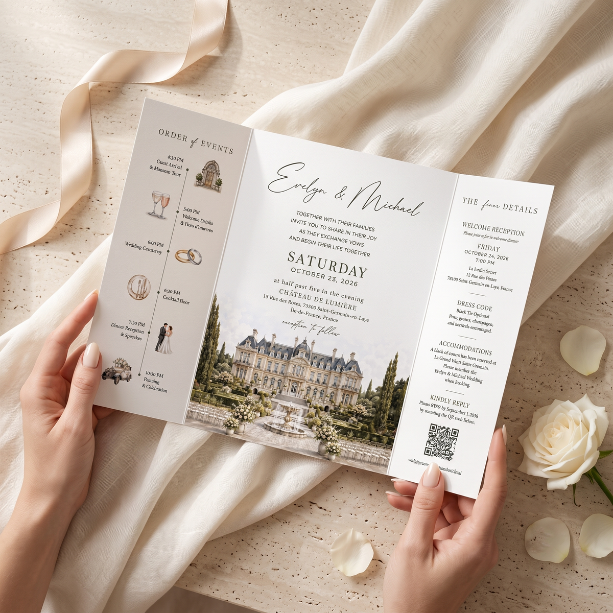 Personalized Château Wedding Invitation Suite | Luxury French Estate Wedding Invitations with Custom Venue Illustration & RSVP