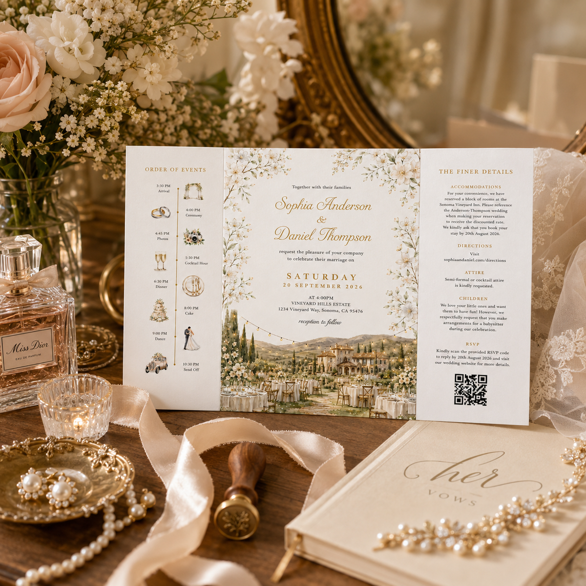 Personalized Wedding Invitation, Custom Watercolor Venue Illustration, Floral Wedding Invitation Suite