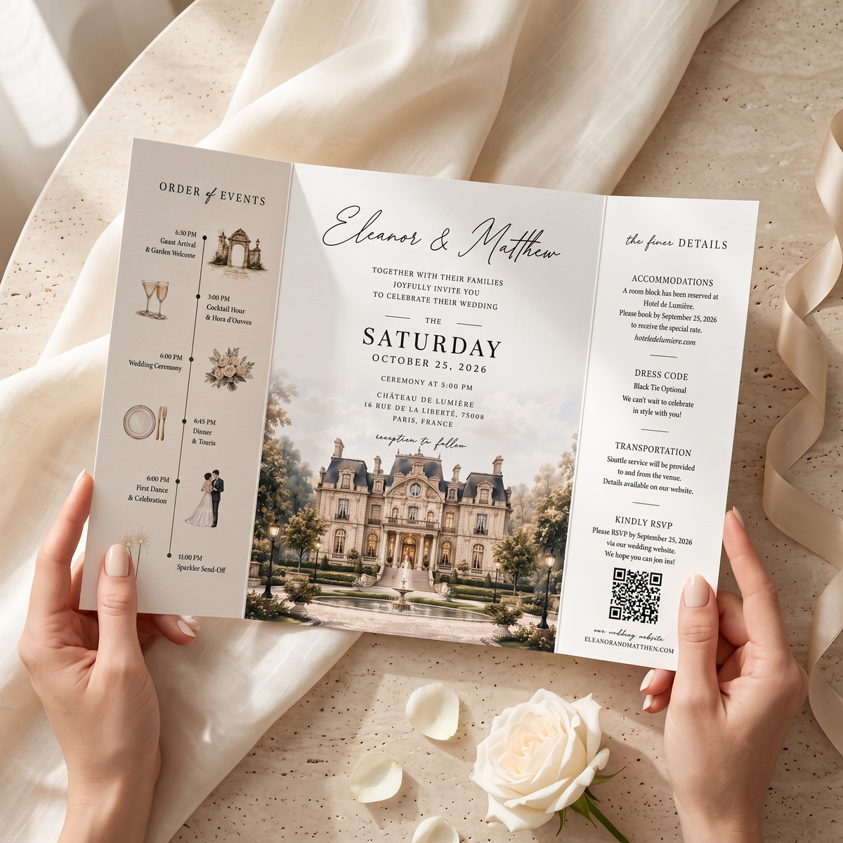 Personalized Château Wedding Invitation Suite, French Estate Wedding Invitations, Custom Venue Illustration, RSVP & QR Code