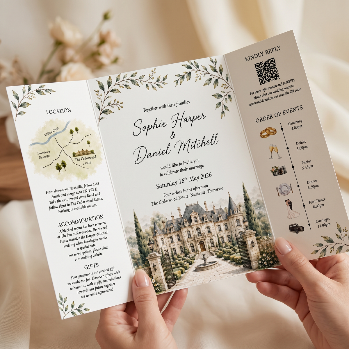 Custom Watercolor Wedding Invitation Suite, Personalized Estate Venue Wedding Invitations, Luxury Garden Wedding Stationery