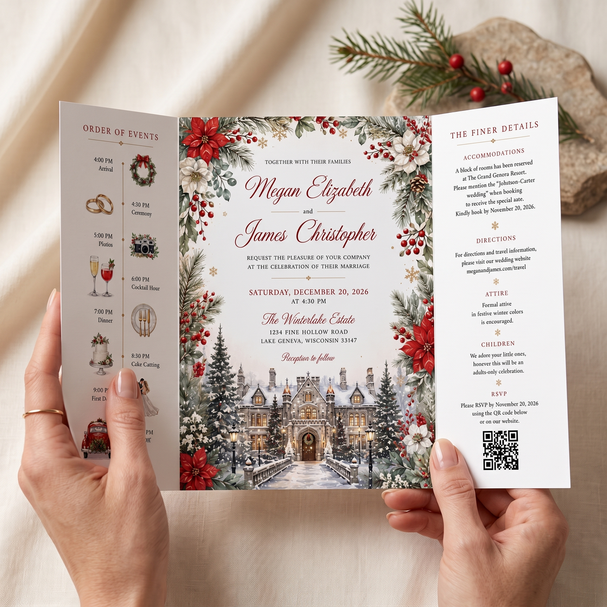 Winter Wedding Invitations, Elegant Christmas Wedding Invitation Suite, Watercolor Winter Castle, Personalized Holiday Wedding Invites