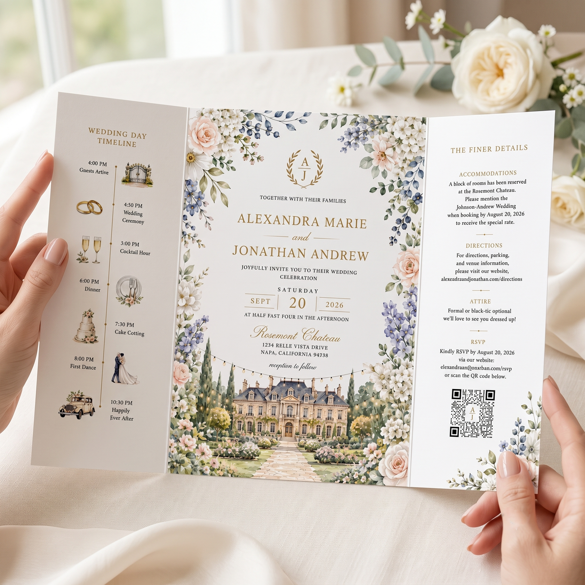 Personalized Chateau Wedding Invitations, Elegant Floral Wedding Invitation Suite, Custom Venue Illustration, RSVP QR Code