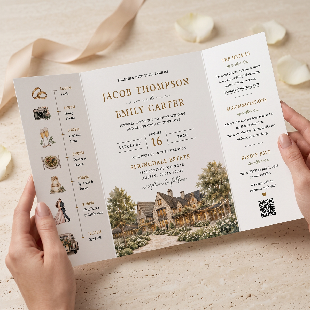 Custom Watercolor Wedding Invitations, Personalized Venue Illustration, Elegant Estate Wedding Invitation Suite, Luxury Wedding Invites