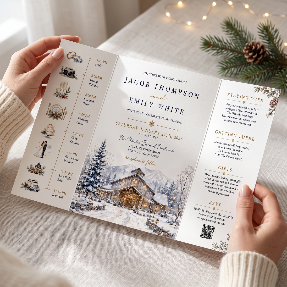 Custom Winter Wedding Invitations, Snowy Mountain Venue Illustration, Personalized Winter Wedding Invitation Suite, Luxury Stationery