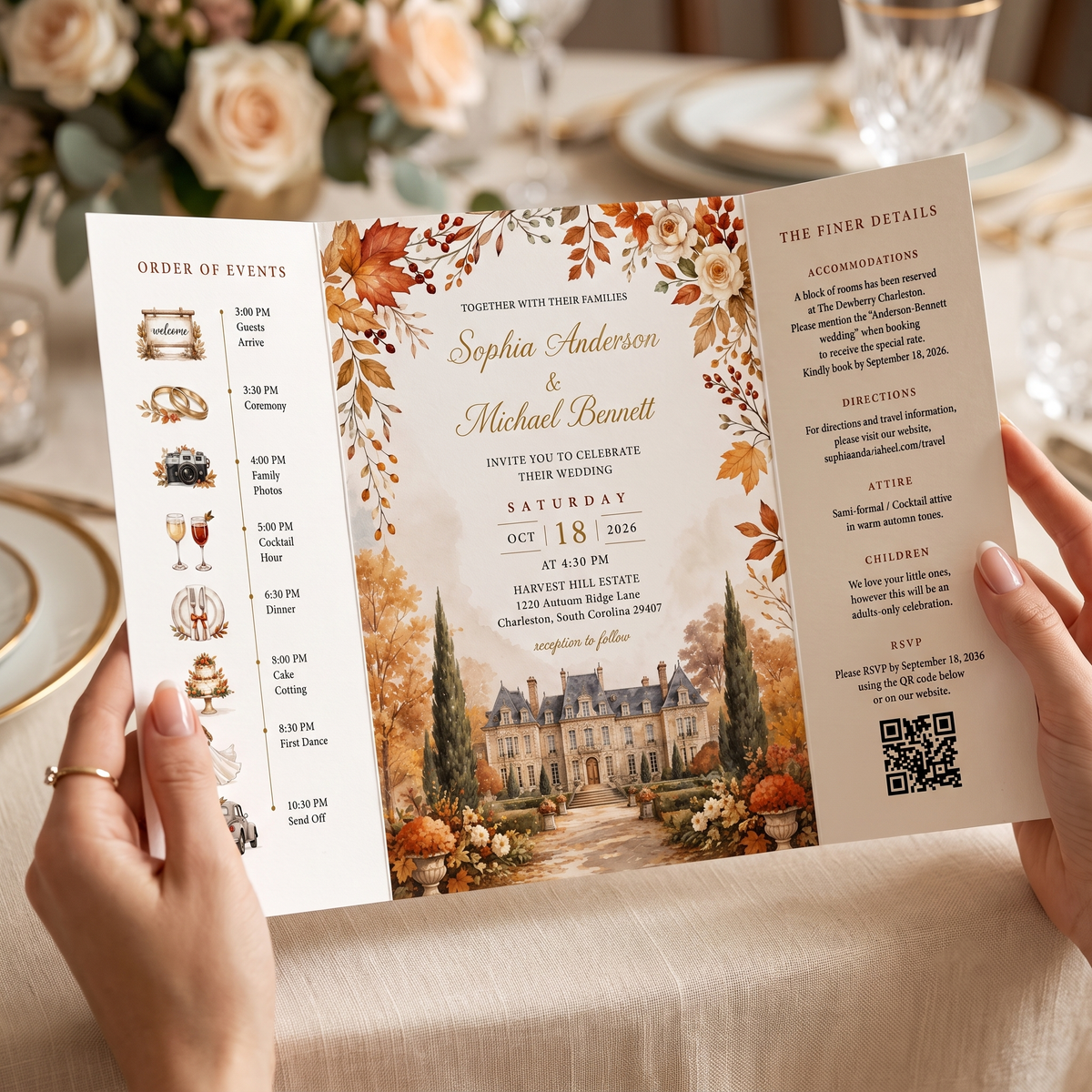 Personalized Fall Wedding Invitations, Autumn Chateau Wedding Invitation Suite, Custom Venue Illustration, RSVP QR Code, Elegant Floral Invite