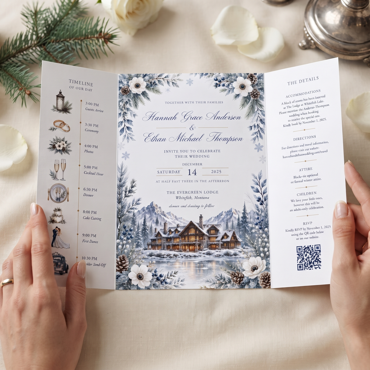 Winter Wedding Invitation Suite, Snowy Mountain Lodge Wedding, Christmas Wedding Invitations, Watercolor Pine Floral Invite, Personalized Wedding Stationery