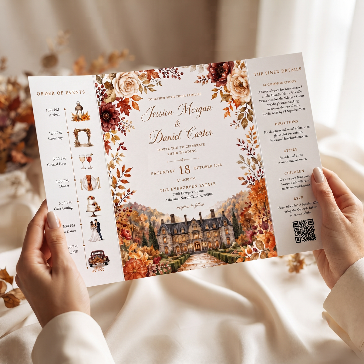 Autumn Wedding Invitation Suite, Fall Wedding Invitation, Watercolor Estate Venue, Floral Wedding Invite, Personalized Wedding Stationery