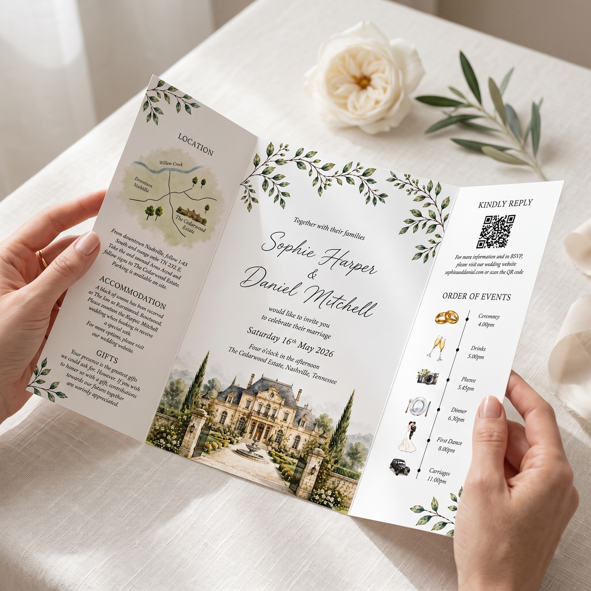 Personalized Estate Wedding Invitation, Custom Venue Watercolor Wedding Suite, Luxury Garden Wedding Invitations