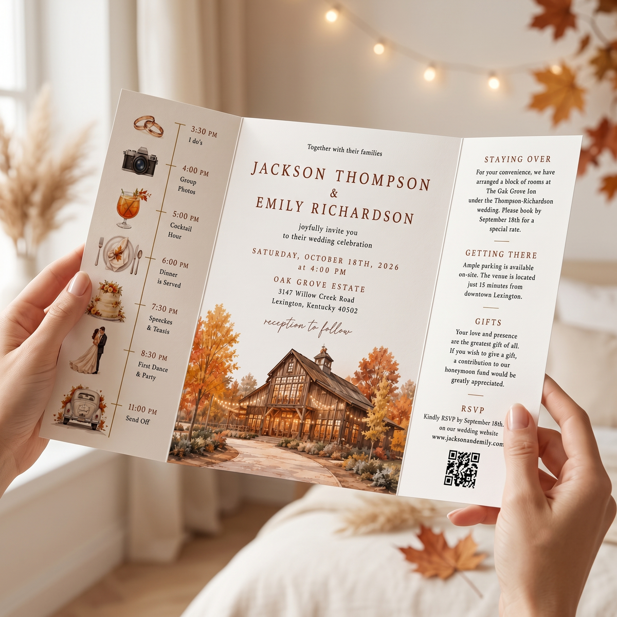 Custom Autumn Wedding Invitations, Watercolor Venue Illustration, Fall Wedding Invitation Suite, Personalized Luxury Wedding Stationery