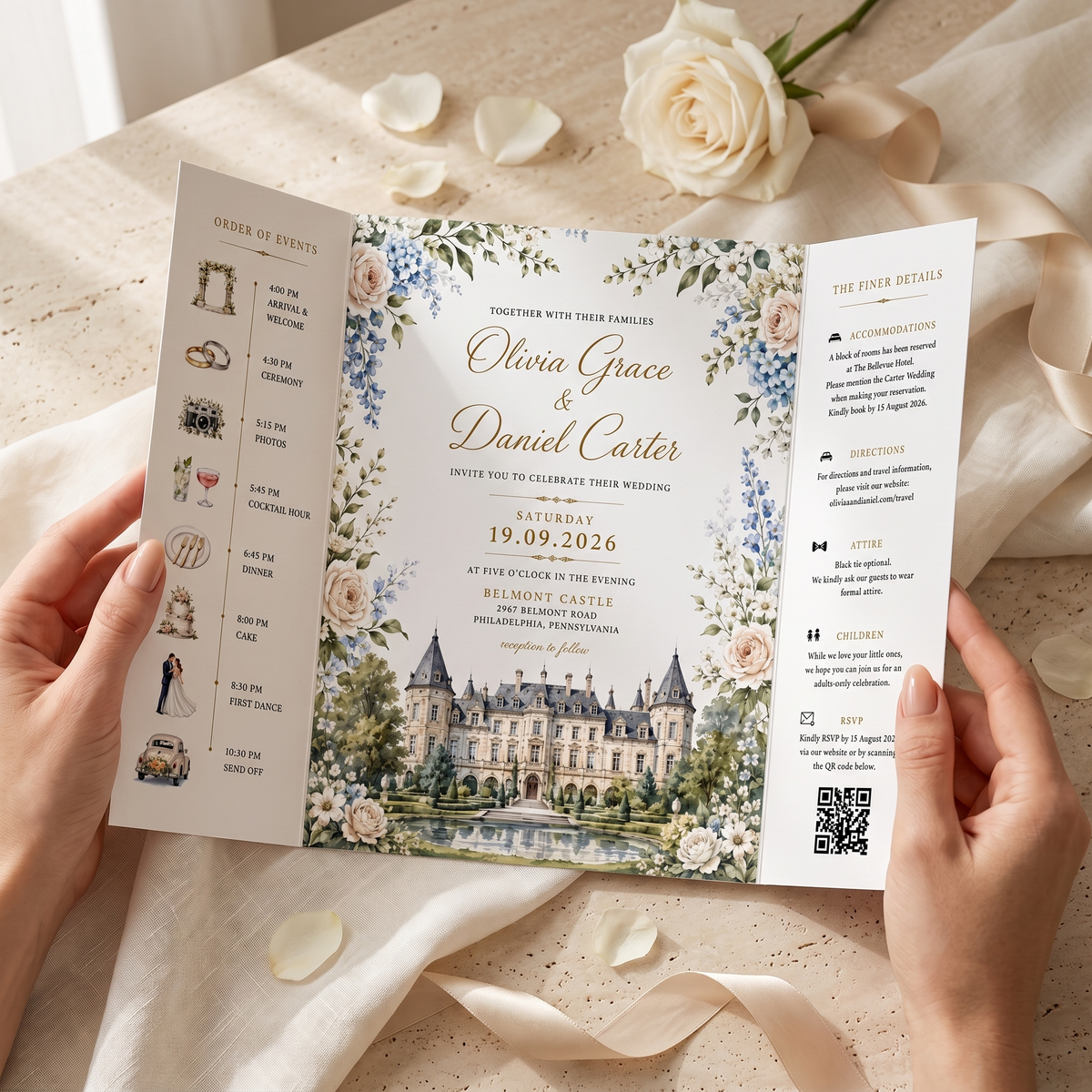 Personalized Castle Wedding Invitation Suite, Luxury Floral Wedding Invitations, Custom Venue Illustration, RSVP & QR Code