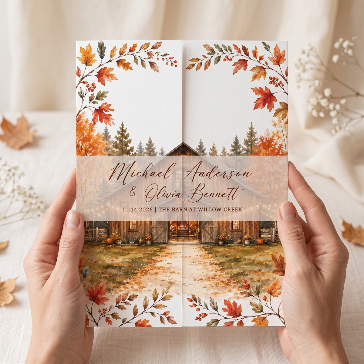 Custom Fall Wedding Invitations, Personalized Barn Venue Watercolor Wedding Suite, Rustic Autumn Wedding Stationery