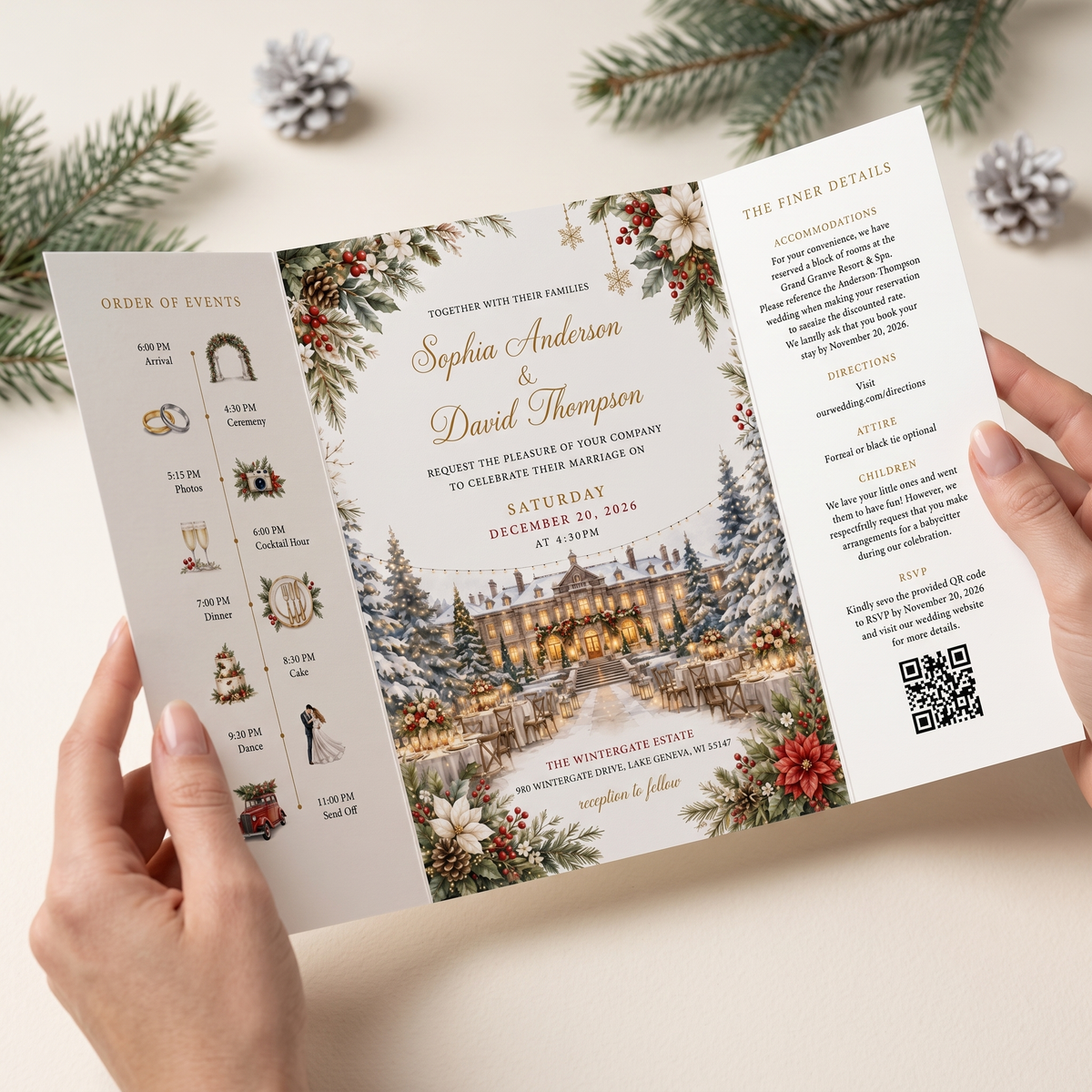 Christmas Wedding Invitations, Elegant Winter Wedding Invitation Suite, Personalized Holiday Wedding Invites, Snowy Estate Wedding Stationery