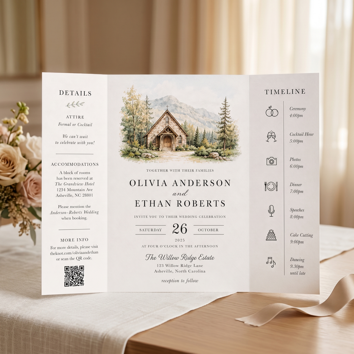 Personalized Wedding Invitation, Custom Venue Watercolor Illustration, Rustic Wedding Invitation Suite
