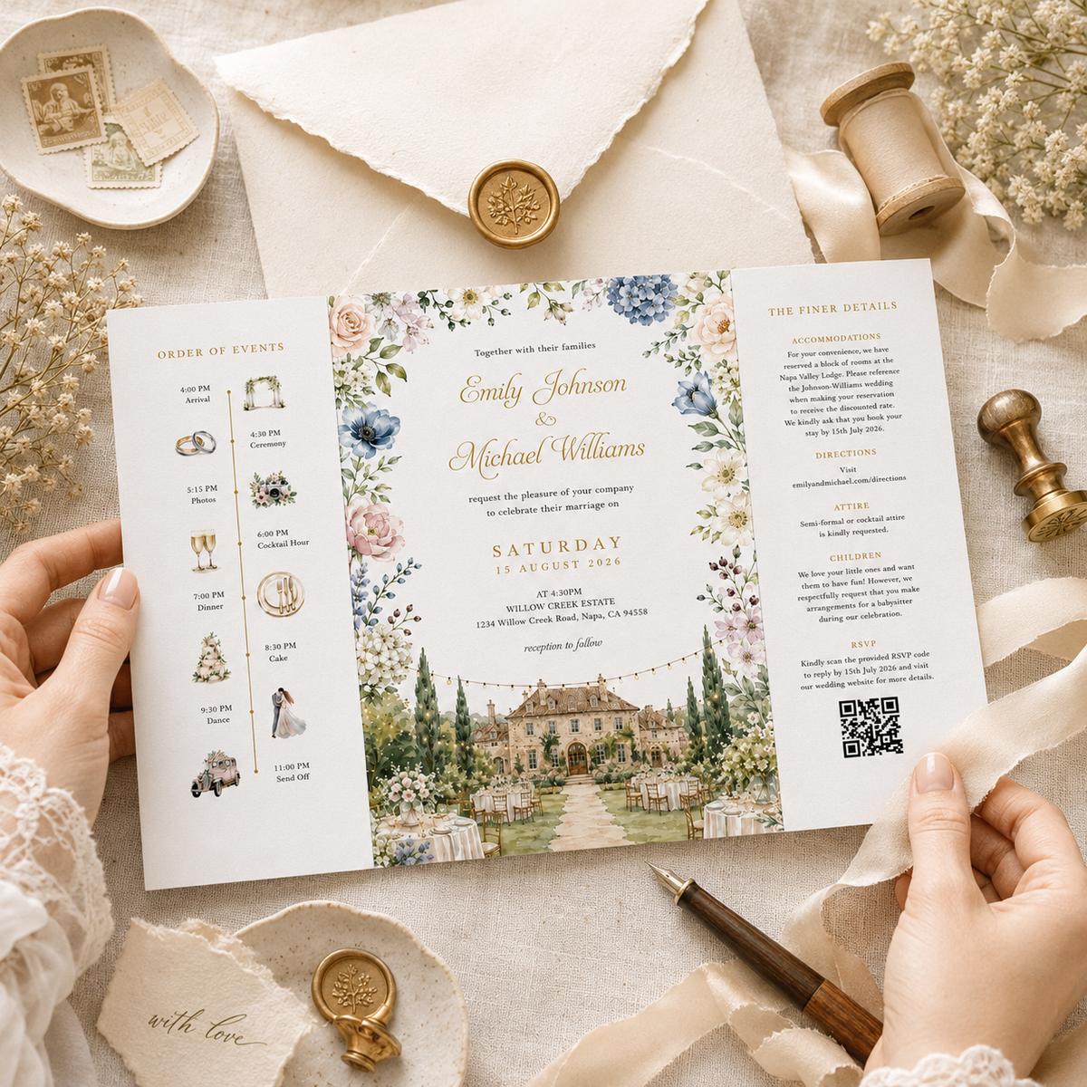 Personalized Wedding Invitation, Custom Watercolor Venue Illustration, Luxury Floral Wedding Invitation Suite