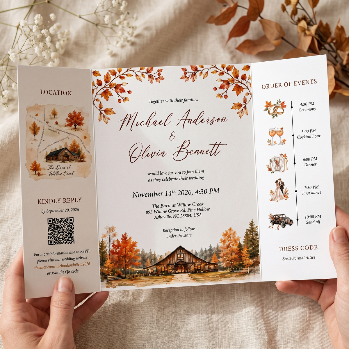 Custom Fall Wedding Invitations, Personalized Barn Venue Watercolor Wedding Suite, Rustic Autumn Wedding Stationery