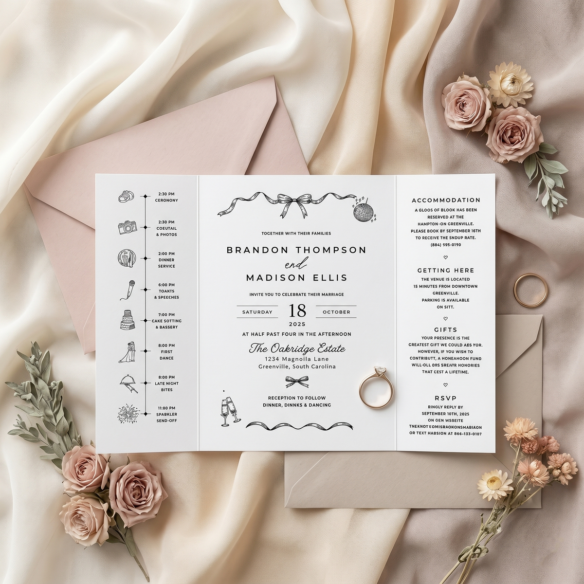 Personalized Monogram Wedding Invitation, Elegant Bow Wedding Invitation Suite, Black and White Custom Wedding Stationery