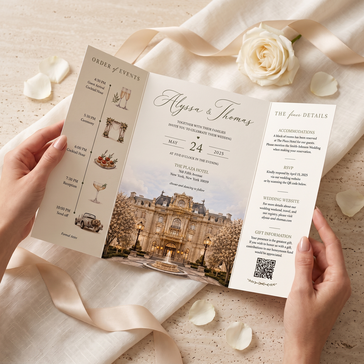 Personalized Luxury Wedding Invitation Suite | Custom Wedding Venue Illustration, Elegant RSVP & QR Code
