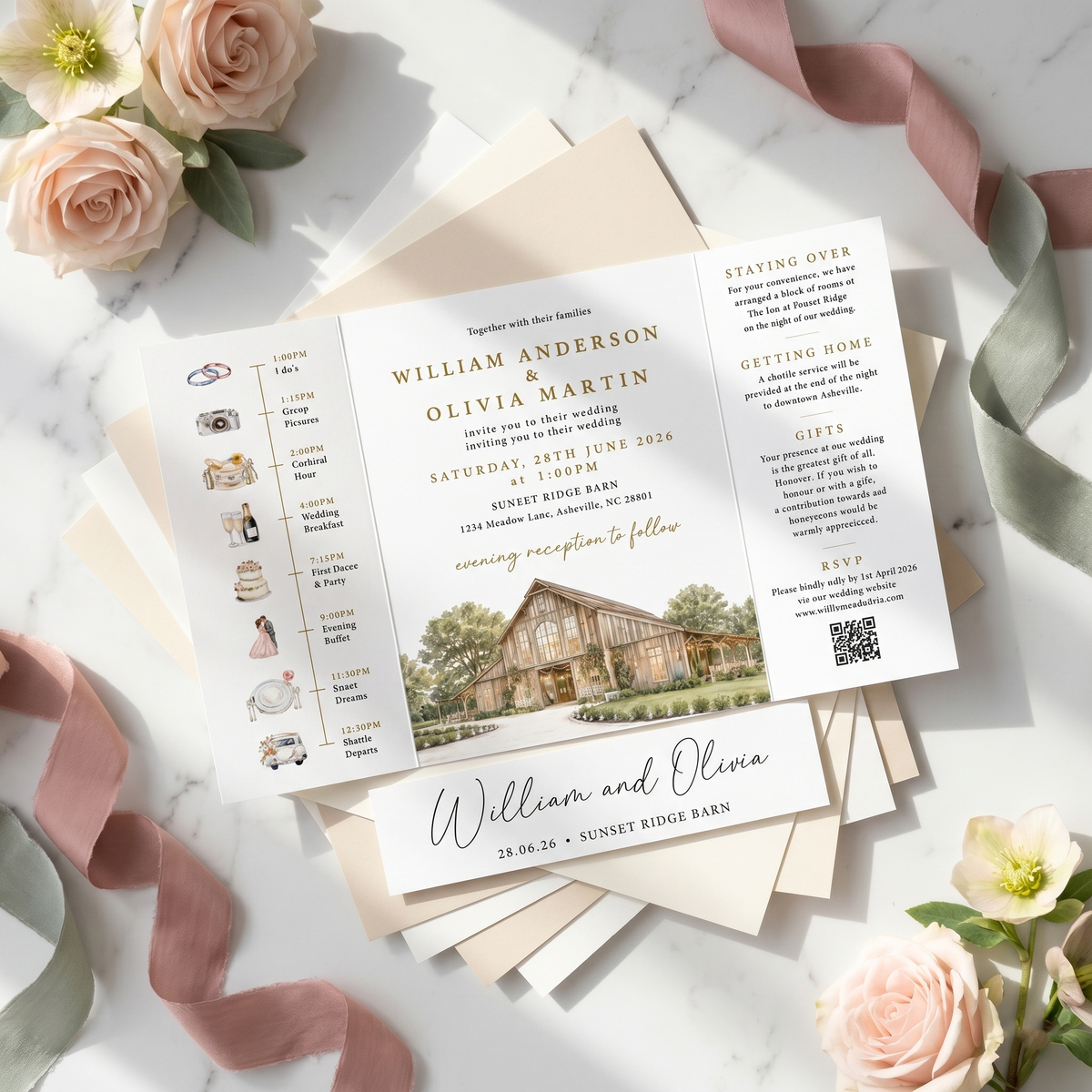 Personalized Wedding Invitation with Custom Venue Illustration | Rustic Wedding Invitation Suite
