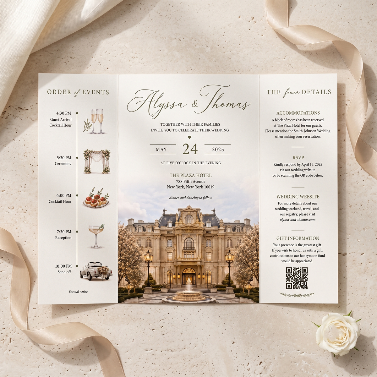 Personalized Luxury Wedding Invitation Suite | Custom Wedding Venue Illustration, Elegant RSVP & QR Code