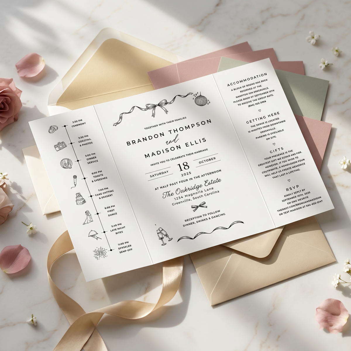 Personalized Monogram Wedding Invitation, Elegant Bow Wedding Invitation Suite, Black and White Custom Wedding Stationery