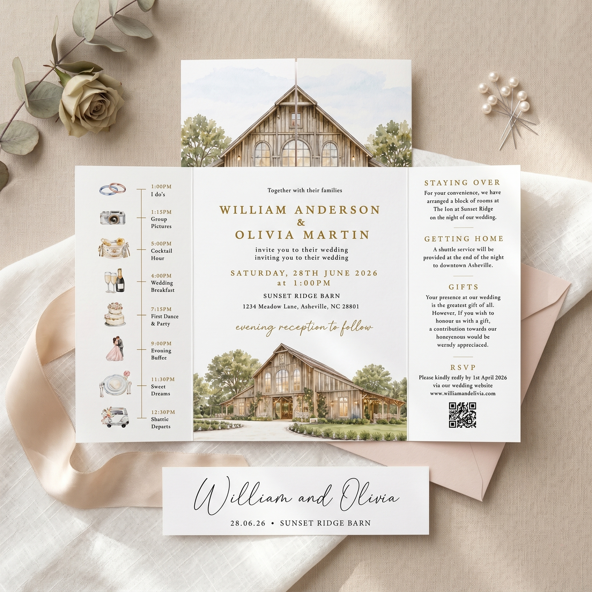 Personalized Wedding Invitation with Custom Venue Illustration | Rustic Wedding Invitation Suite
