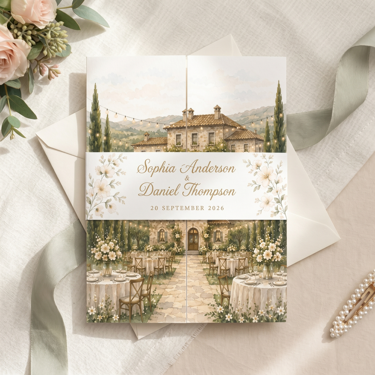 Personalized Wedding Invitation, Custom Watercolor Venue Illustration, Floral Wedding Invitation Suite