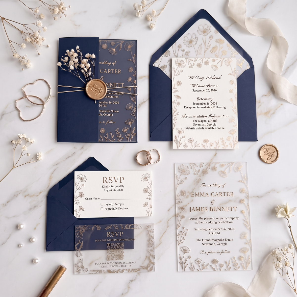 Luxury Clear Acrylic Wedding Invitation Suite, Personalized Gold Floral Wedding Invite with Navy Blue Envelope, RSVP & QR Code Card