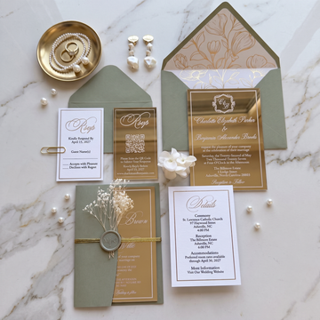 Luxury Gold Mirror Acrylic Wedding Invitations Suite, Sage Green Wedding Invites, Personalized RSVP & Details Cards, Quinceanera Invitation Set