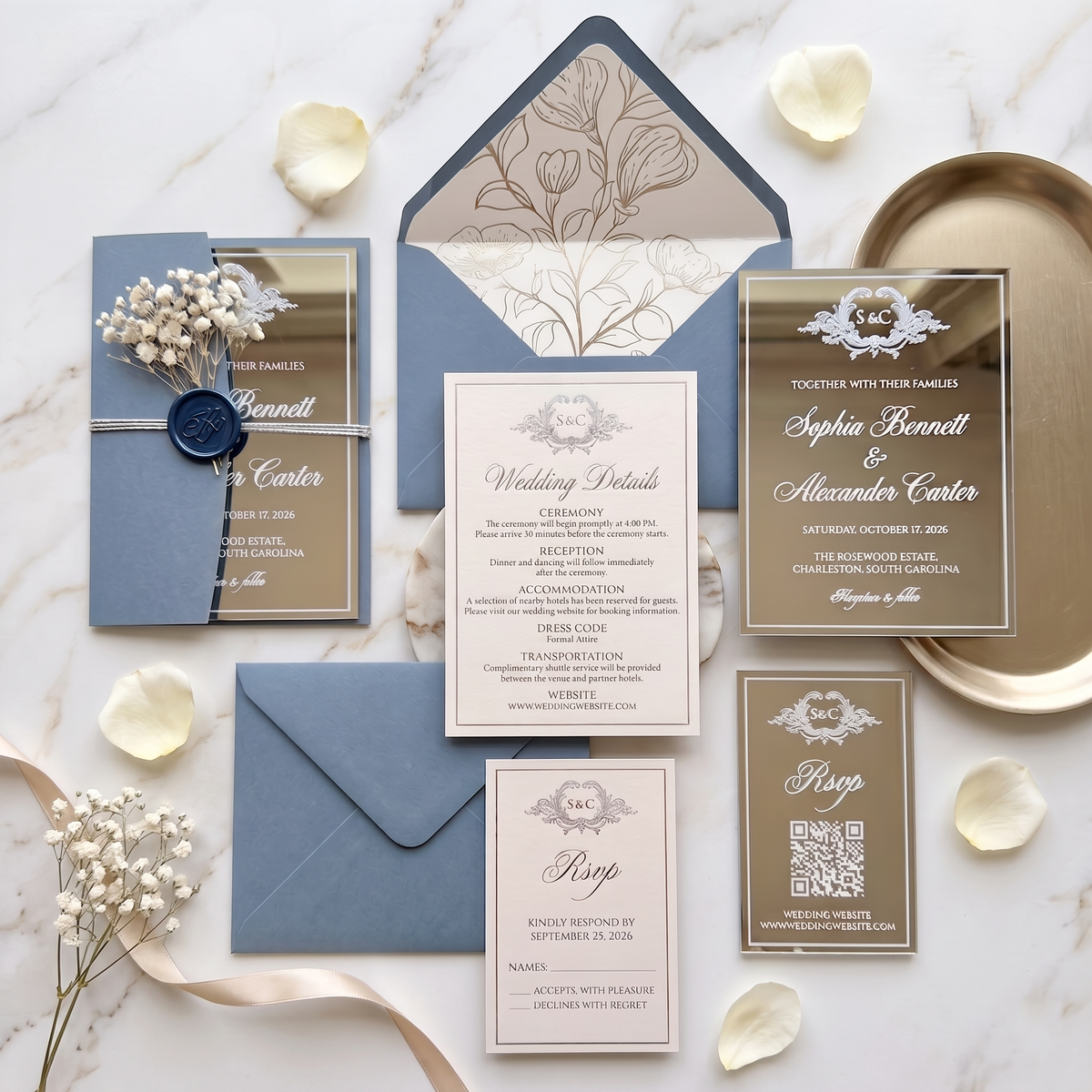 Elegant Silver Mirror Acrylic Wedding Invitation, Personalized Wedding Invite with Dusty Blue Envelope, RSVP QR Card & Details Card
