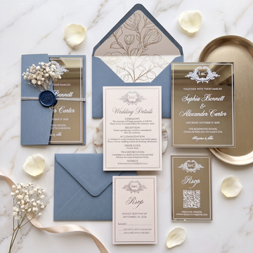 Elegant Silver Mirror Acrylic Wedding Invitation, Personalized Wedding Invite with Dusty Blue Envelope, RSVP QR Card & Details Card