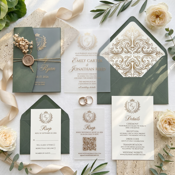 Minimalist Frosted Acrylic Wedding Invitation, Modern Custom Wedding Invite with QR RSVP, Wax Seal & Envelope, Elegant Green Wedding Stationer