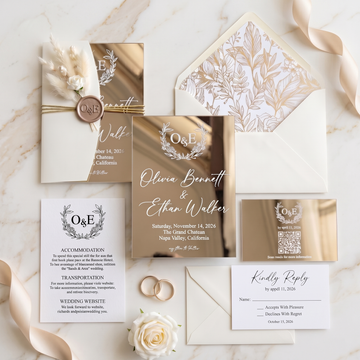 Luxury Gold Mirror Acrylic Wedding Invitation, Personalized Wedding Invite Suite with QR RSVP Card, Details Card & Envelope