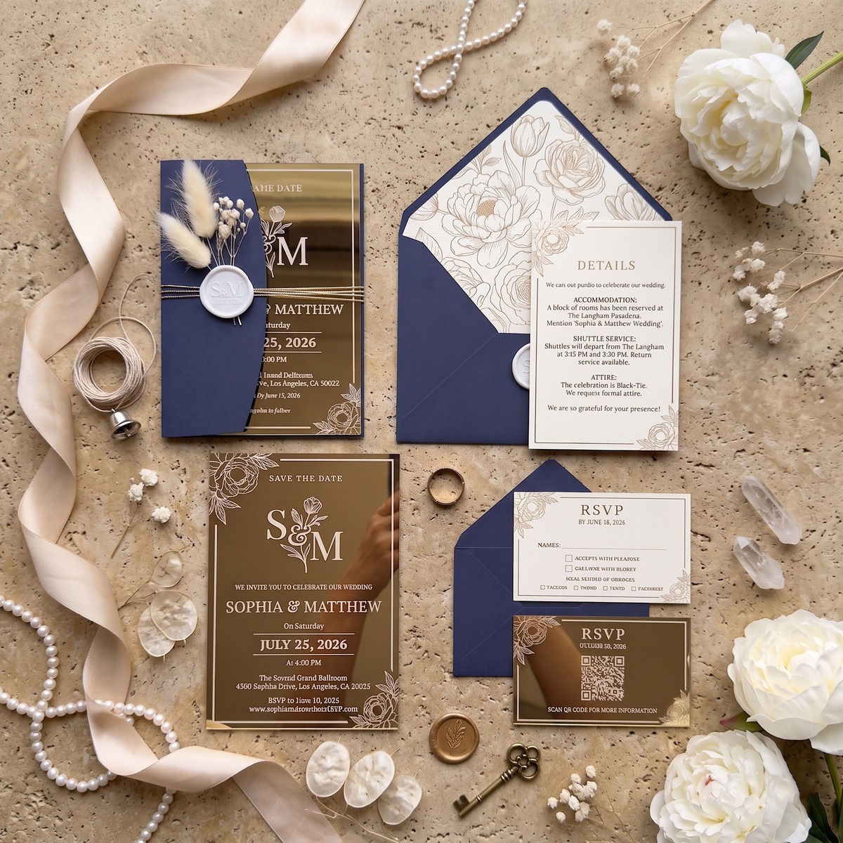 2mm Gold Mirror Acrylic Wedding Invitation Suite, Elegant Personalized Wedding Invite with Navy Blue Envelope, RSVP & QR Code Card