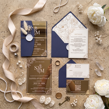 2mm Gold Mirror Acrylic Wedding Invitation Suite, Elegant Personalized Wedding Invite with Navy Blue Envelope, RSVP & QR Code Card