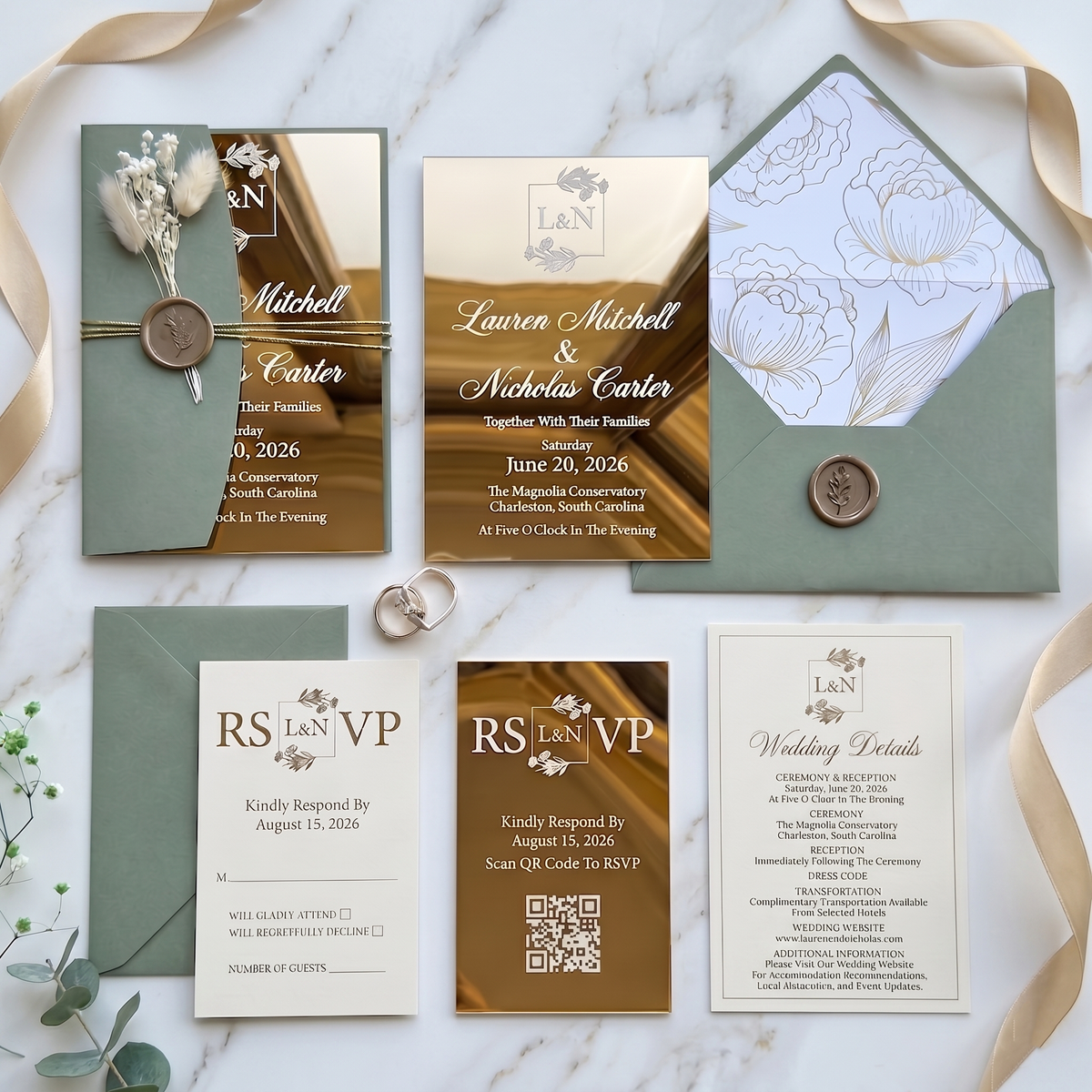 Luxury Gold Acrylic Wedding Invitation, Personalized Wedding Invite with Sage Green Envelope, QR RSVP Card & Wedding Details Card