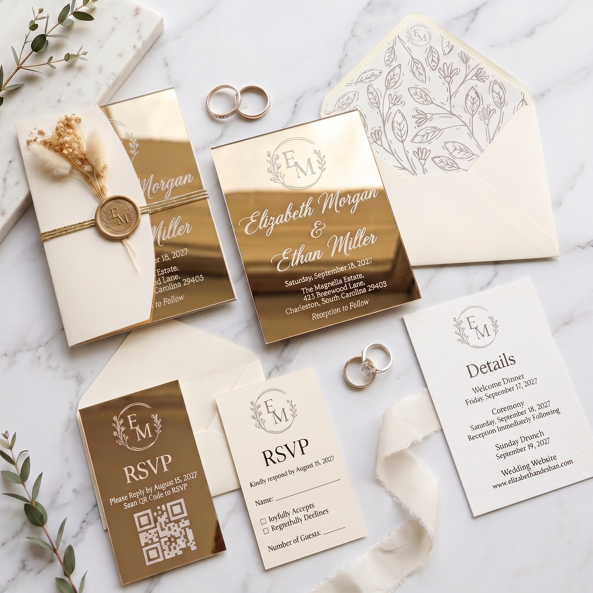 Luxury Gold Mirror Acrylic Wedding Invitation Suite, Personalized Wedding Invite with Cream Envelope, RSVP Card & Details Card