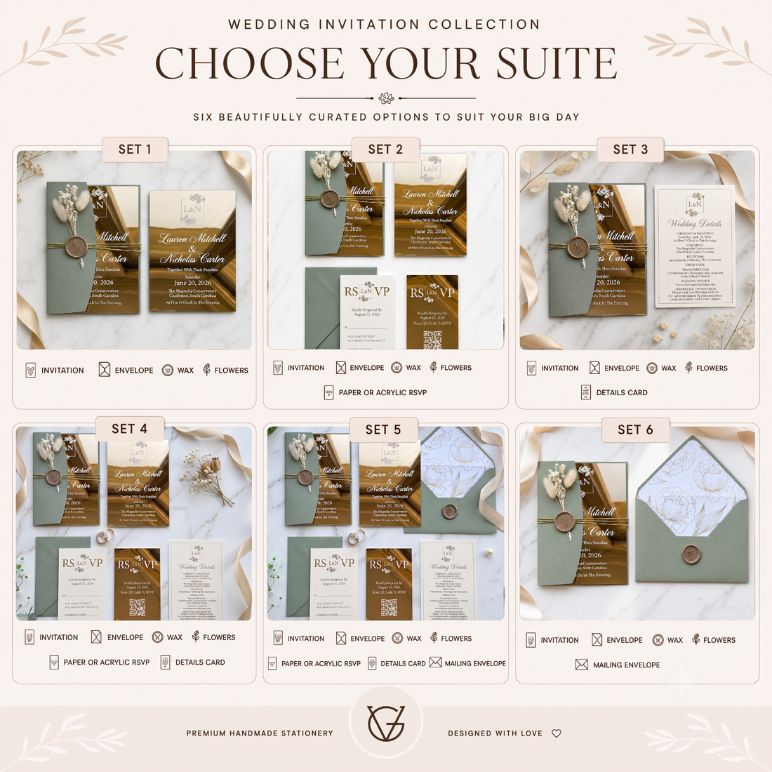 Luxury Gold Acrylic Wedding Invitation, Personalized Wedding Invite with Sage Green Envelope, QR RSVP Card & Wedding Details Card