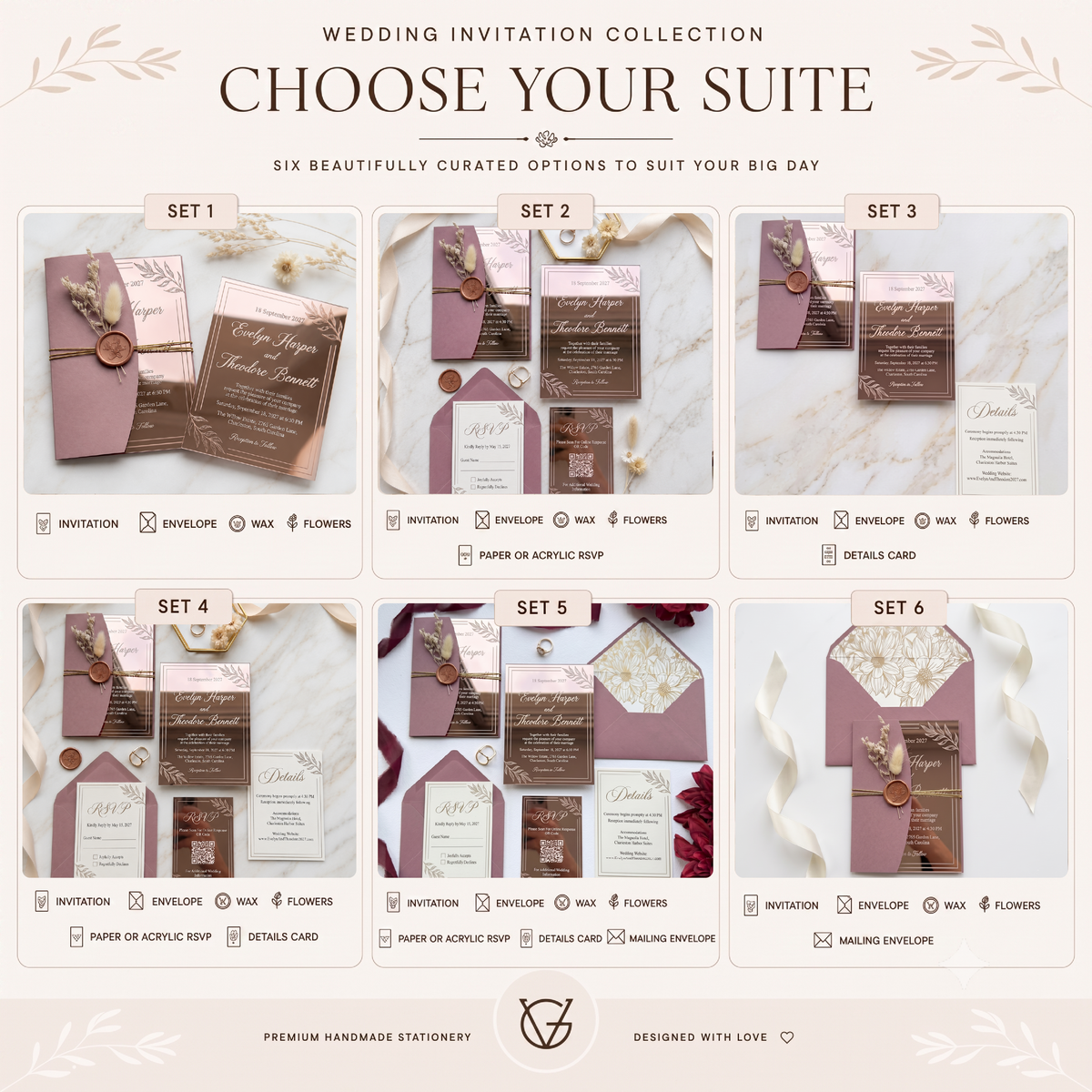 Luxury Rose Gold Mirror Acrylic Wedding Invitation Suite, Personalized Wedding Invite with Burgundy Envelope, RSVP & Details Cards