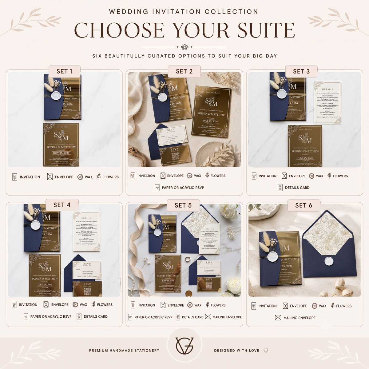 2mm Gold Mirror Acrylic Wedding Invitation Suite, Elegant Personalized Wedding Invite with Navy Blue Envelope, RSVP & QR Code Card