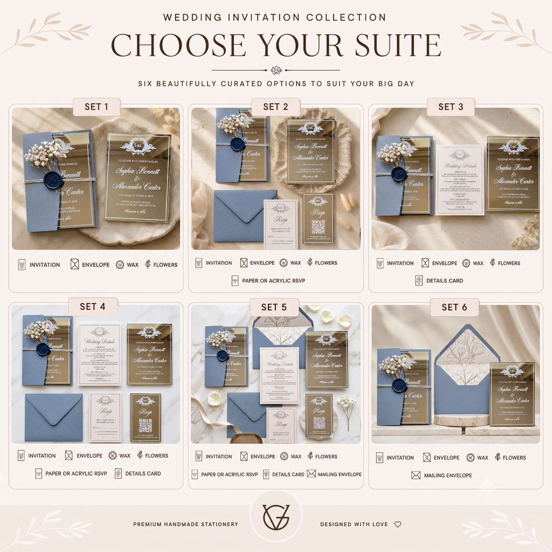 Elegant Silver Mirror Acrylic Wedding Invitation, Personalized Wedding Invite with Dusty Blue Envelope, RSVP QR Card & Details Card
